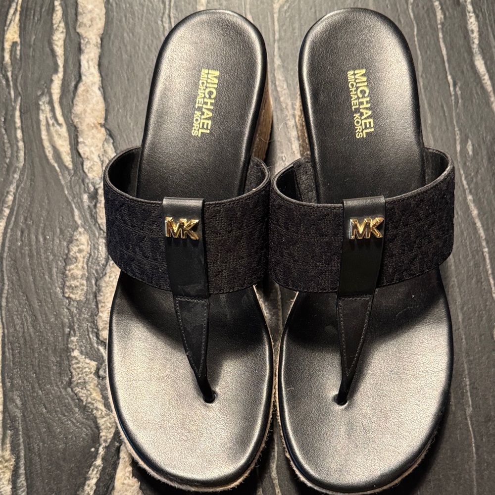 Michael Kors Black Thong Sandals with Gold Accent